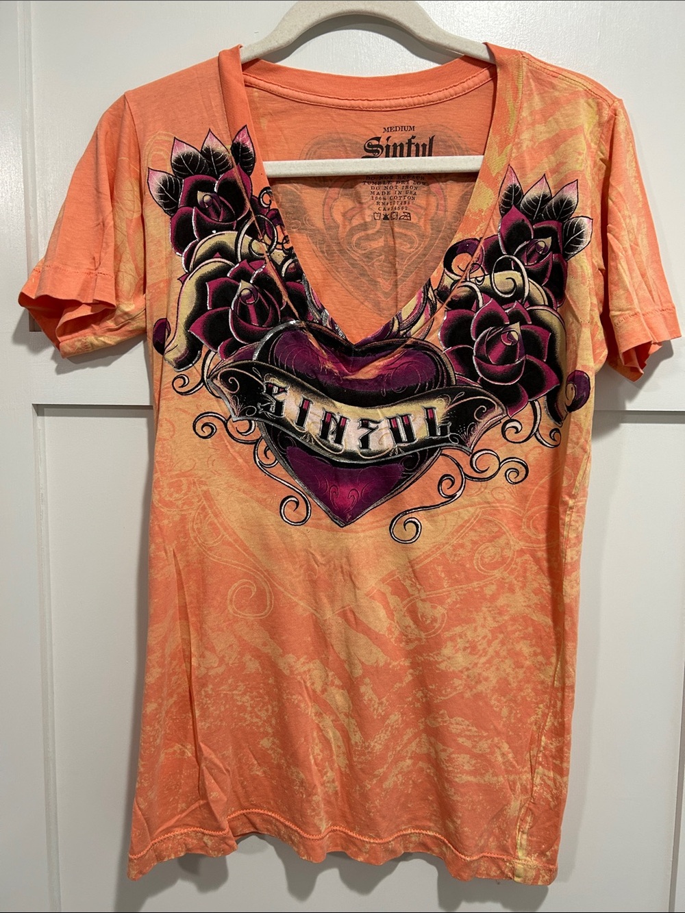 Sinful Orange V-Neck Tee with Purple Heart & Rose Graphic